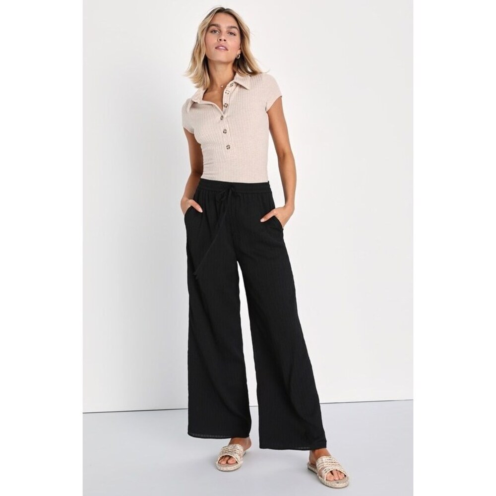 Lulus Breezy Ease Black Crinkled Wide-leg Pants - Size S